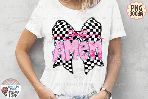 Amen Coquette Checkered Bow Christian T-Shirt Graphics